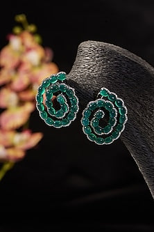 White Finish Synthetic Emerald Stone & CZ Stud Earrings In Sterling Silver