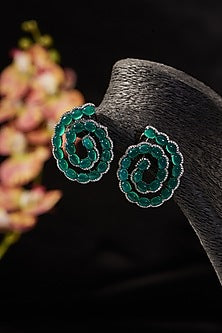 White Finish Synthetic Emerald Stone & CZ Stud Earrings In Sterling Silver