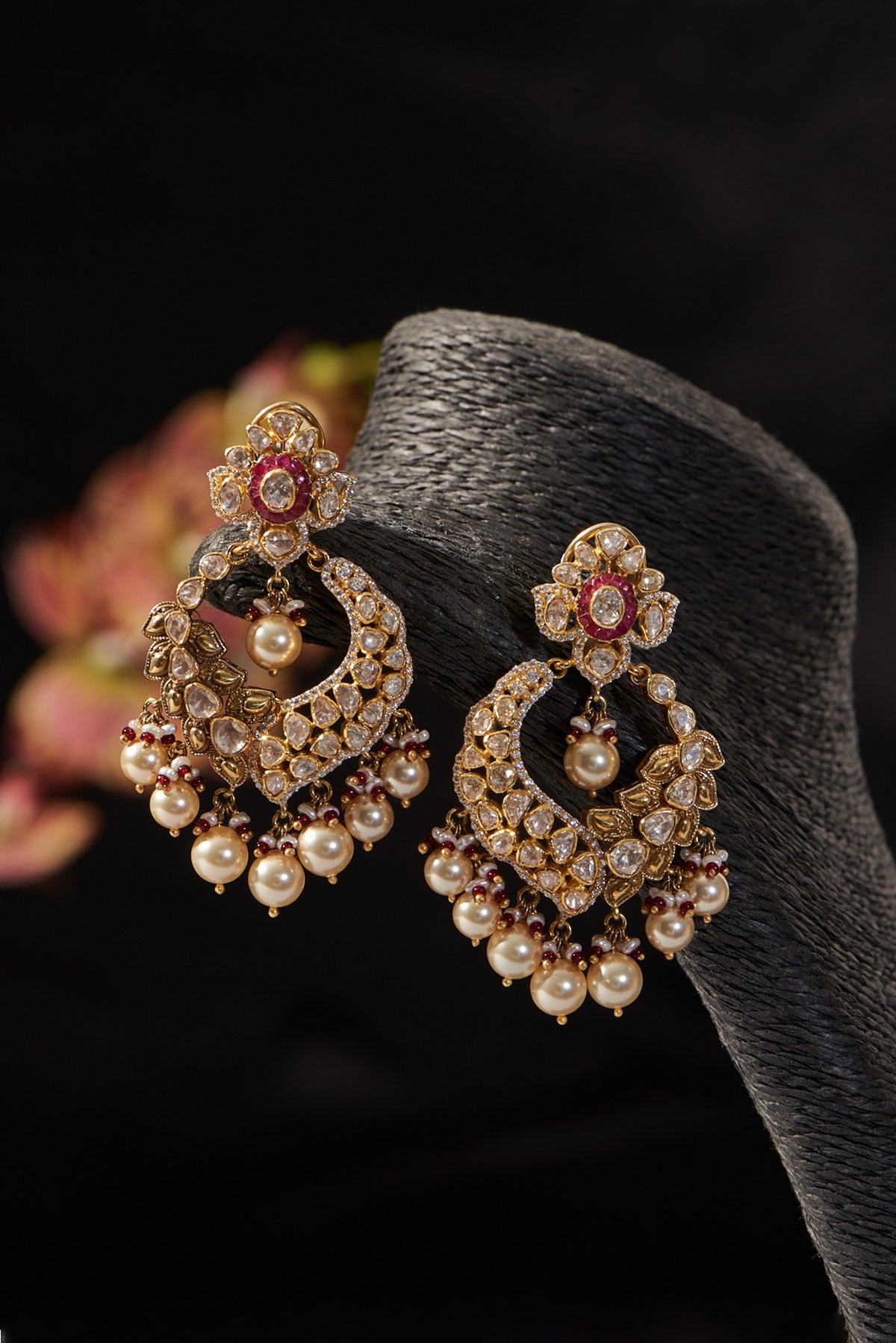 Gold Finish Synthetic Ruby Stone & Moissanite Polki Dangler Earrings In Sterling Silver