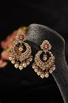 Gold Finish Synthetic Ruby Stone & Moissanite Polki Dangler Earrings In Sterling Silver