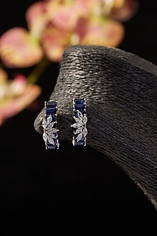 White Finish Synthetic Sapphire Stone & CZ Stud Earrings In Sterling Silver