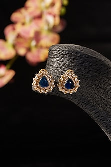 Gold Finish Moissanite Polki & Synthetic Sapphire Stone Stud Earrings In Sterling Silver