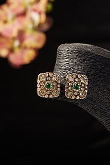 Gold Finish Moissanite Polki & Synthetic Emerald Stone Stud Earrings In Sterling Silver