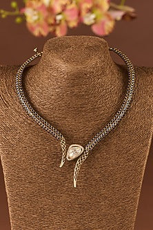Antique Gold Finish Moissanite Polki & Blue Sapphire Necklace In Sterling Silver