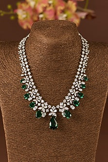 White Finish Zircon & Emerald Necklace Set In Sterling Silver