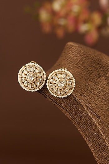 Gold Finish Moissanite Polki & Pearl Stud Earrings In Sterling Silver