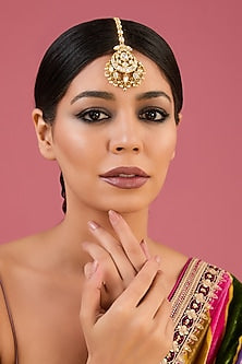 Gold Finish Moissanite Polki & Pearl Maang Tikka In Sterling Silver