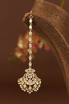 Gold Finish Moissanite Polki & Pearl Maang Tikka In Sterling Silver