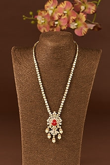 Gold Finish Moissanite Polki & Ruby Necklace Set In Sterling Silver