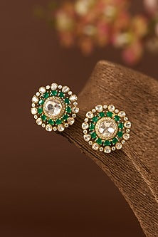 Gold Finish Moissanite Polki & Emerald Stud Earrings In Sterling Silver