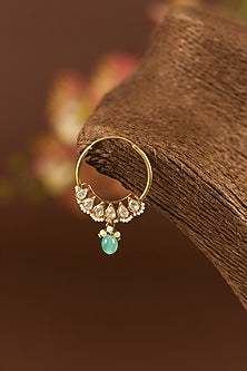 Gold Finish Moissanite Polki & Emerald Nath In Sterling Silver