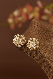 Gold Finish Moissanite Polki & CZ Stud Earrings In Sterling Silver