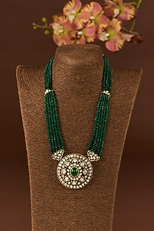 Antique Gold Finish Moissanite Polki & Emerald Necklace Set In Sterling Silver