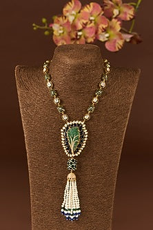 Gold Finish Moissanite Polki & Emerald Necklace In Sterling Silver