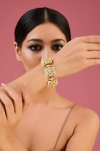 Gold Finish Moissanite Polki & CZ Bracelet In Sterling Silver