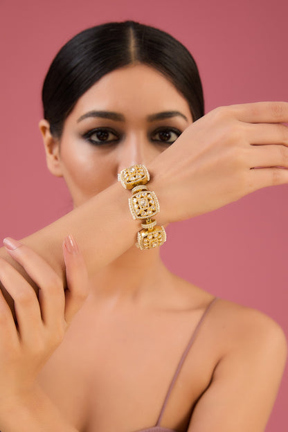 Gold Finish Moissanite Polki & CZ Bracelet In Sterling Silver