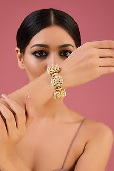 Gold Finish Moissanite Polki & CZ Bracelet In Sterling Silver