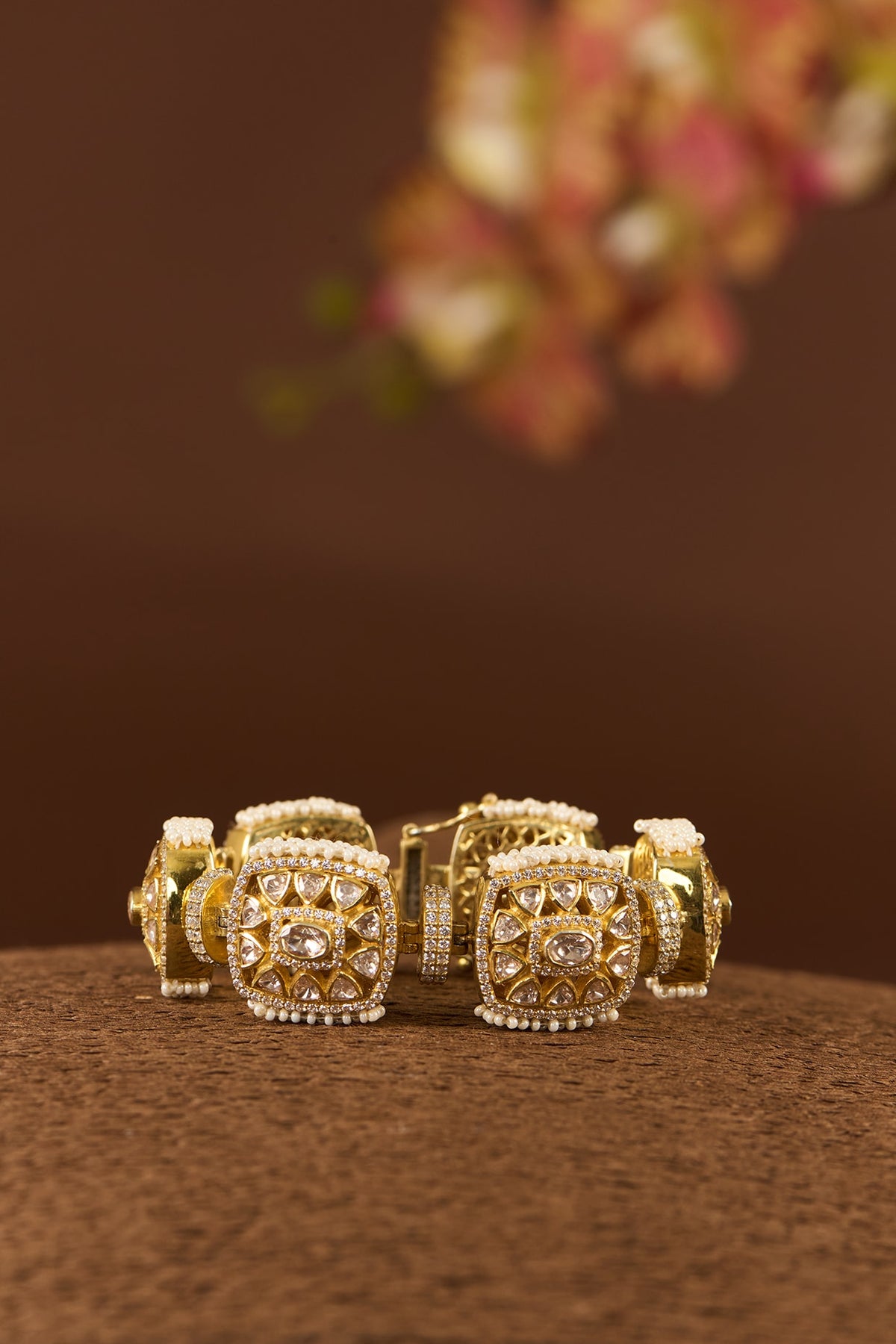 Gold Finish Moissanite Polki & CZ Bracelet In Sterling Silver