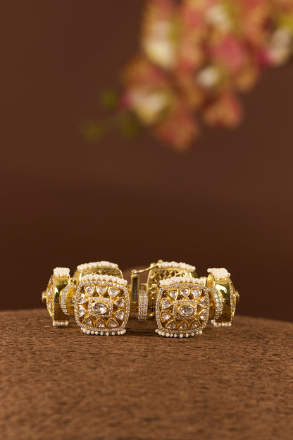 Gold Finish Moissanite Polki & CZ Bracelet In Sterling Silver