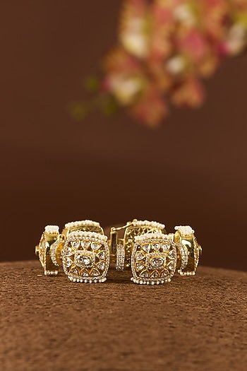 Gold Finish Moissanite Polki & CZ Bracelet In Sterling Silver