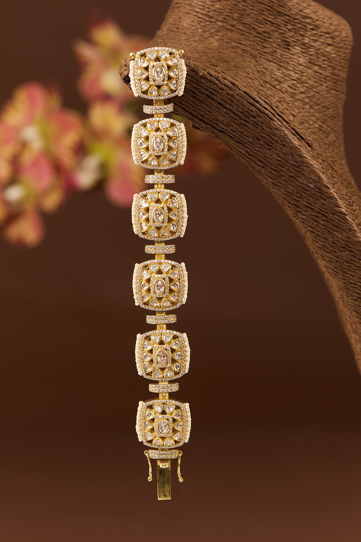 Gold Finish Moissanite Polki & CZ Bracelet In Sterling Silver