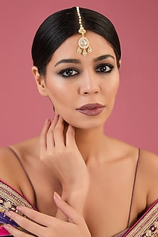 Gold Finish Moissanite Polki & CZ Maang Tikka In Sterling Silver