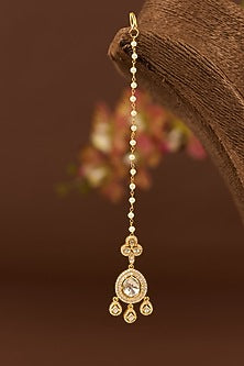 Gold Finish Moissanite Polki & CZ Maang Tikka In Sterling Silver