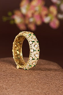 Gold Finish Moissanite Polki & Emerald Bangle In Sterling Silver