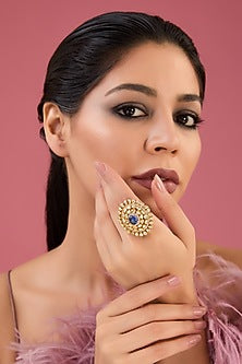 Gold Finish Moissanite Polki & Sapphire Ring In Sterling Silver