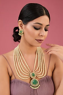 Gold Finish Moissanite Polki & Emerald Long Necklace Set In Sterling Silver