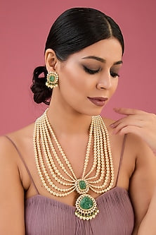 Gold Finish Moissanite Polki & Emerald Long Necklace Set In Sterling Silver