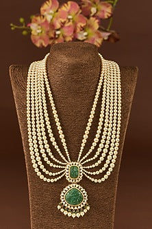 Gold Finish Moissanite Polki & Emerald Long Necklace Set In Sterling Silver