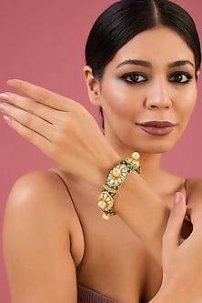 Gold Finish Moissanite Polki & Emerald Bangle In Sterling Silver