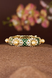 Gold Finish Moissanite Polki & Emerald Bangle In Sterling Silver