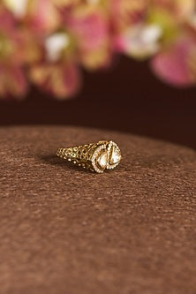 Gold Finish Moissanite Polki & CZ Ring In Sterling Silver