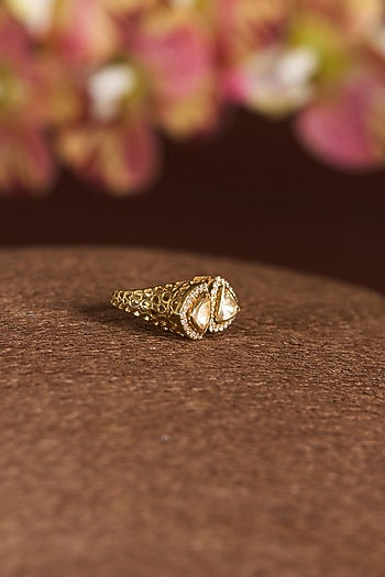 Gold Finish Moissanite Polki & CZ Ring In Sterling Silver