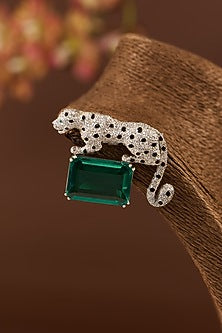 White Finish Zircon & Emerald Enameled Brooch In Sterling Silver