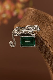 White Finish Zircon & Emerald Enameled Brooch In Sterling Silver