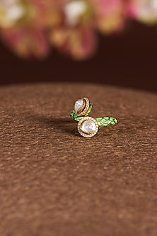 Gold Finish Moissanite Polki & CZ Enameled Ring In Sterling Silver