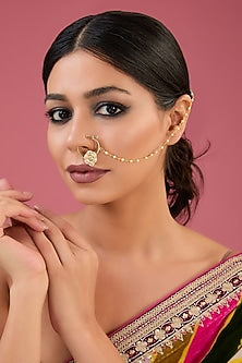 Gold Finish Moissanite Polki & Freshwater Pearl Nose Ring In Sterling Silver