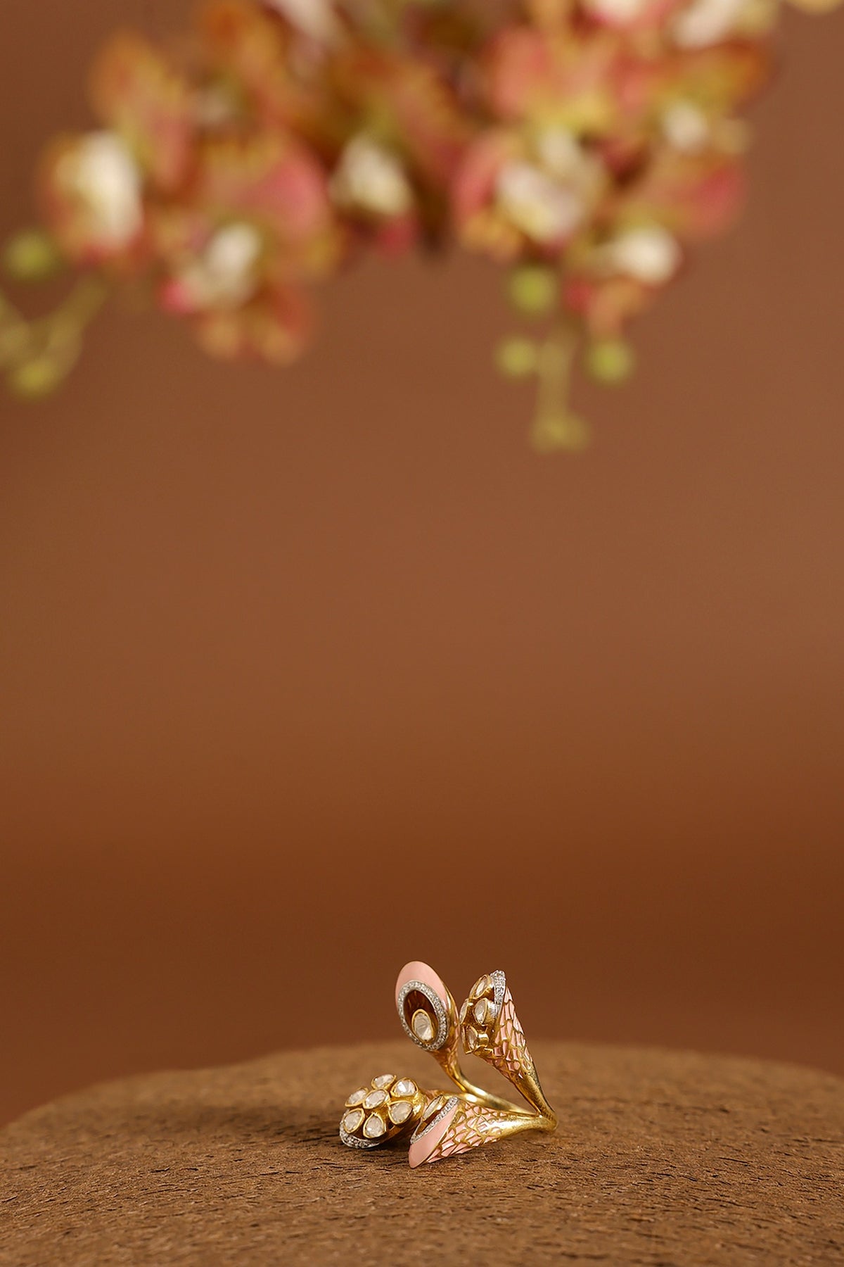 Yellow Gold Finish Moissanite Polki & Swarovski Enameled Ring In Sterling Silver