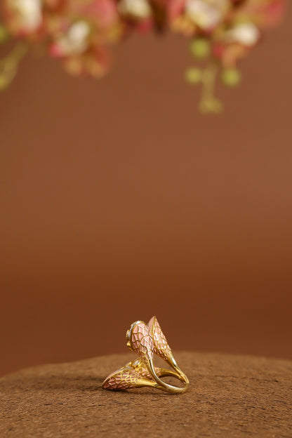 Yellow Gold Finish Moissanite Polki & Swarovski Enameled Ring In Sterling Silver