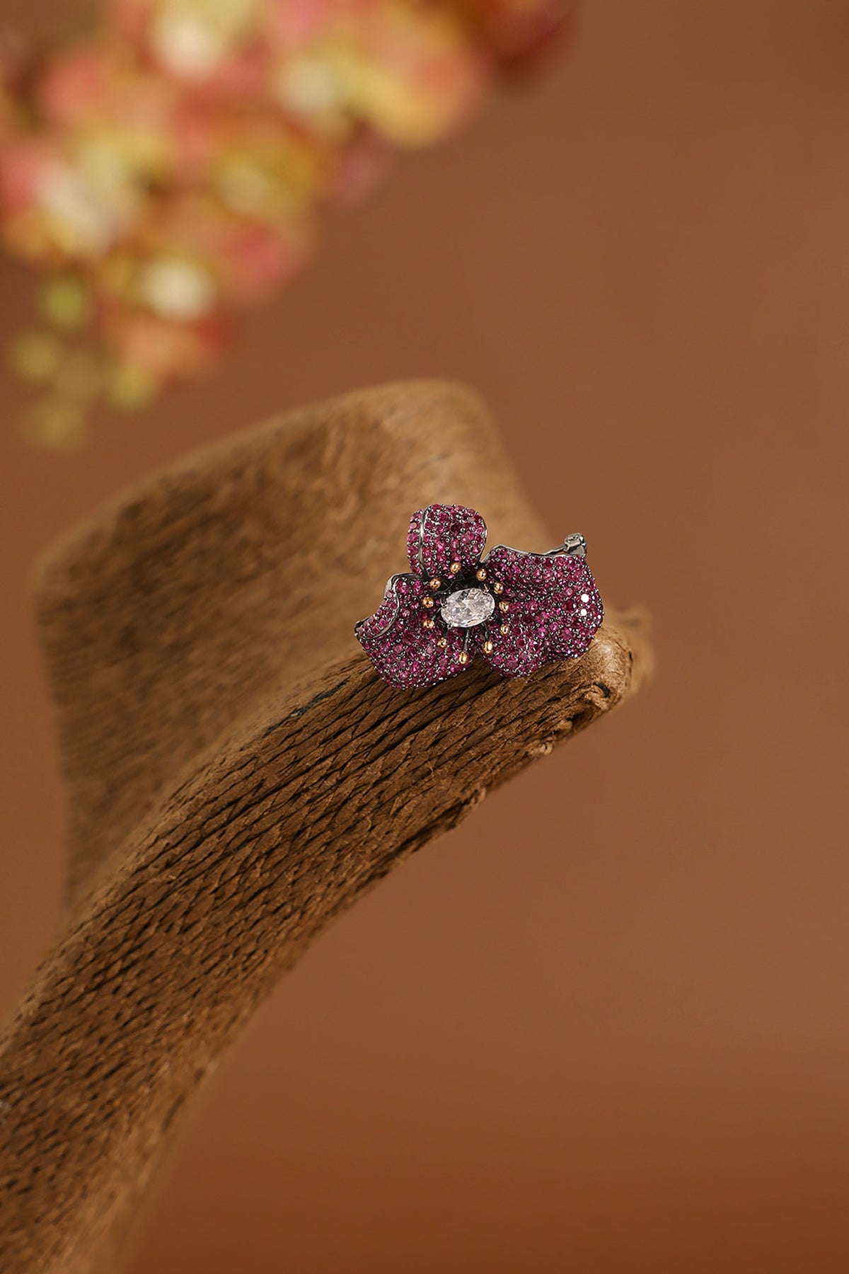 Black Gold Finish Ruby & Swarovski Brooch Cum Pendant In Sterling Silver
