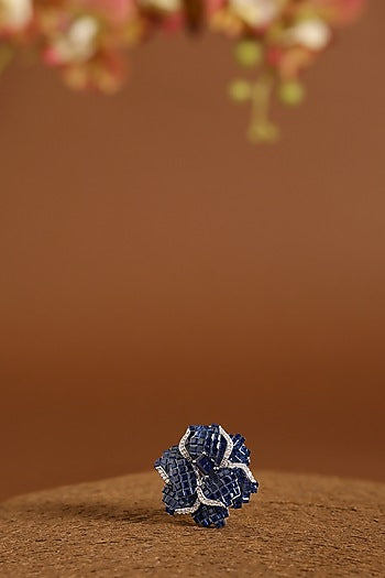White Gold Finish Swarovski & Sapphire Ring In Sterling Silver