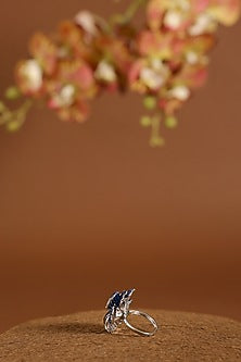 White Gold Finish Swarovski & Sapphire Ring In Sterling Silver