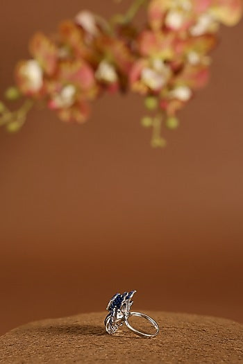 White Gold Finish Swarovski & Sapphire Ring In Sterling Silver