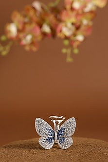 White Gold Finish Swarovski & Sapphire Flapping Ring In Sterling Silver