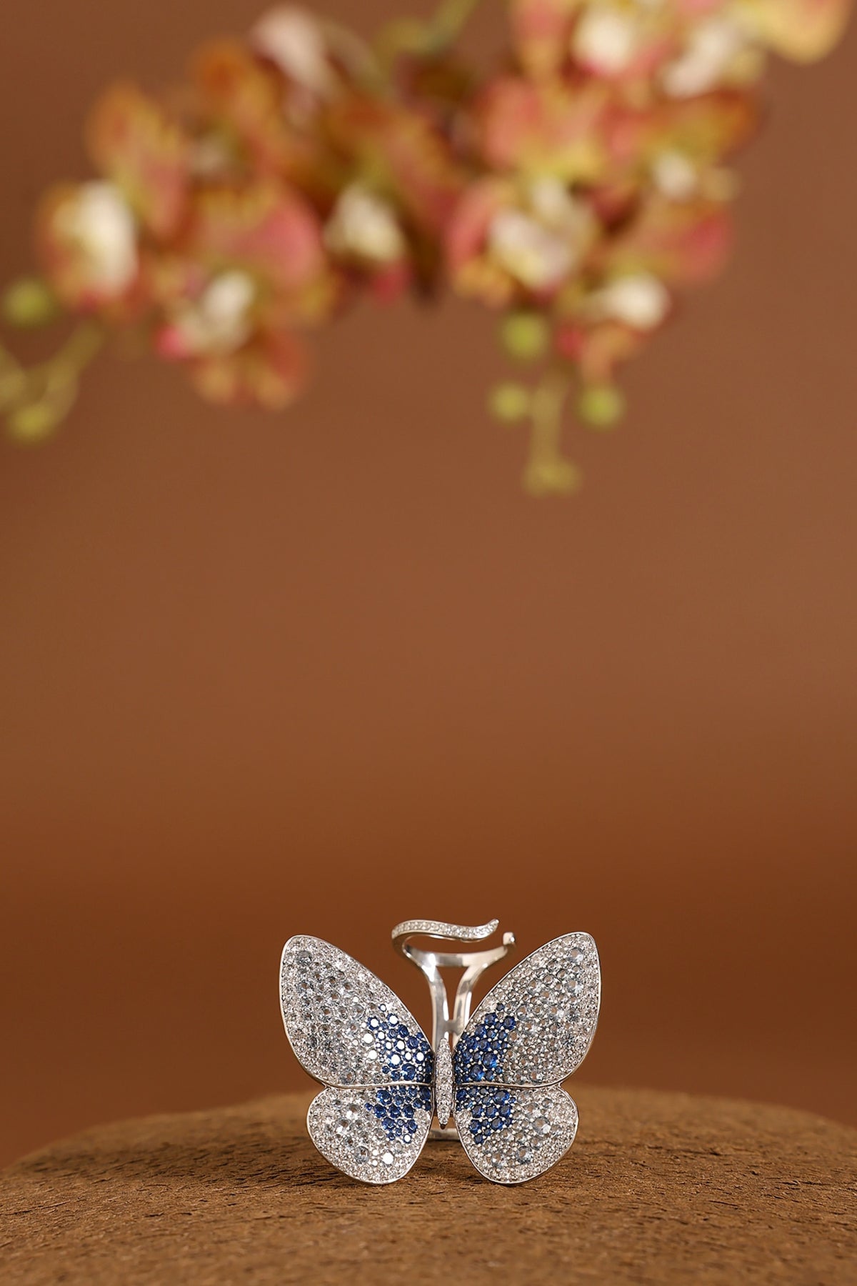 White Gold Finish Swarovski & Sapphire Flapping Ring In Sterling Silver