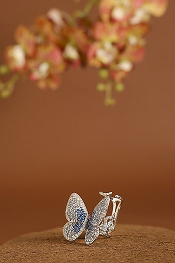 White Gold Finish Swarovski & Sapphire Flapping Ring In Sterling Silver