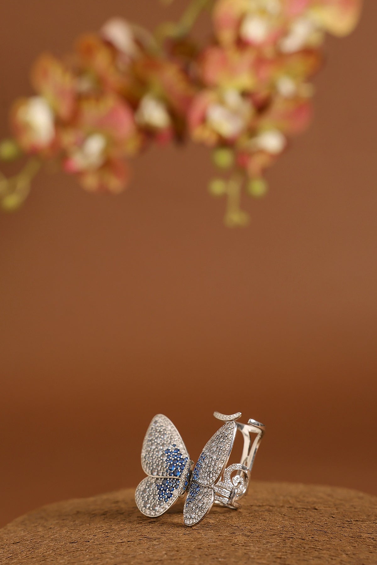 White Gold Finish Swarovski & Sapphire Flapping Ring In Sterling Silver